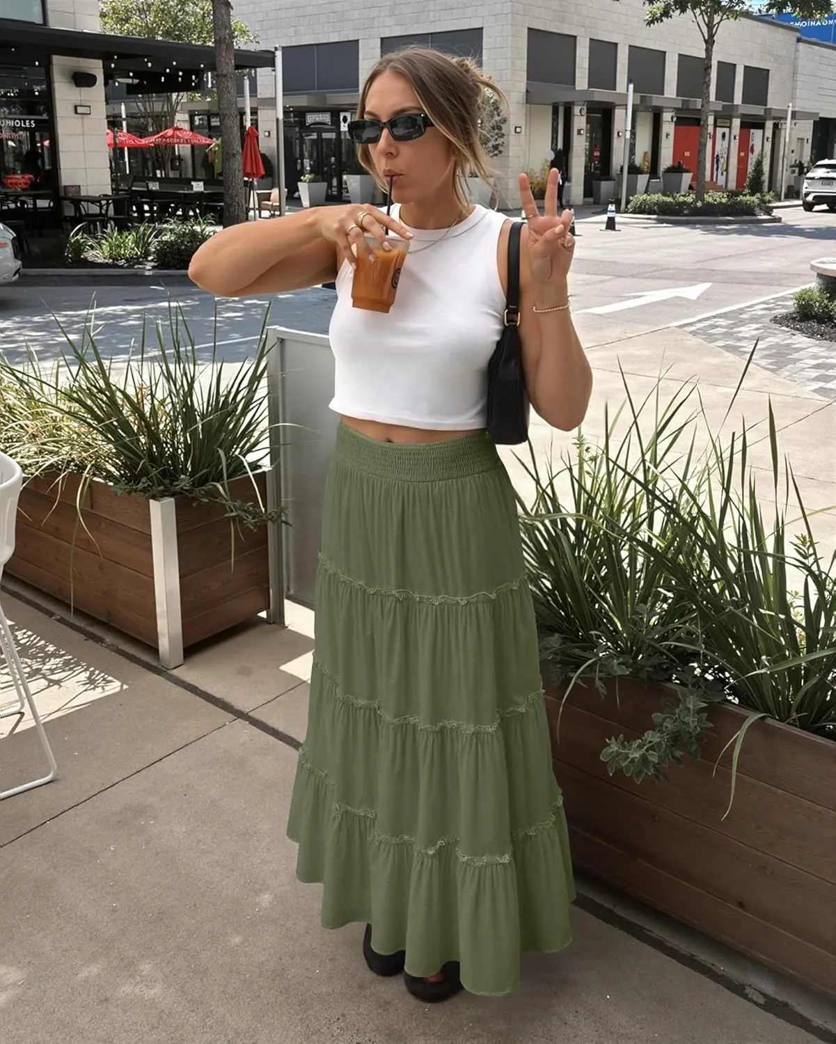 Womens Summer Boho Maxi Skirts Smocked High Wasited Flowy Tiered Ruffle A Line Long Beach Skirt