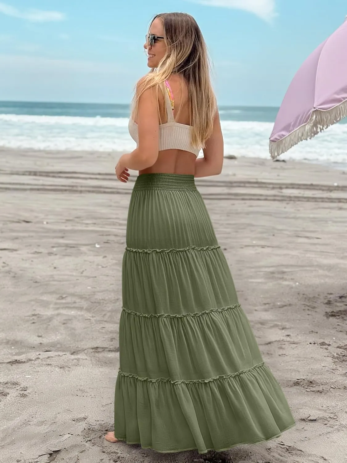 Womens Summer Boho Maxi Skirts Smocked High Wasited Flowy Tiered Ruffle A Line Long Beach Skirt