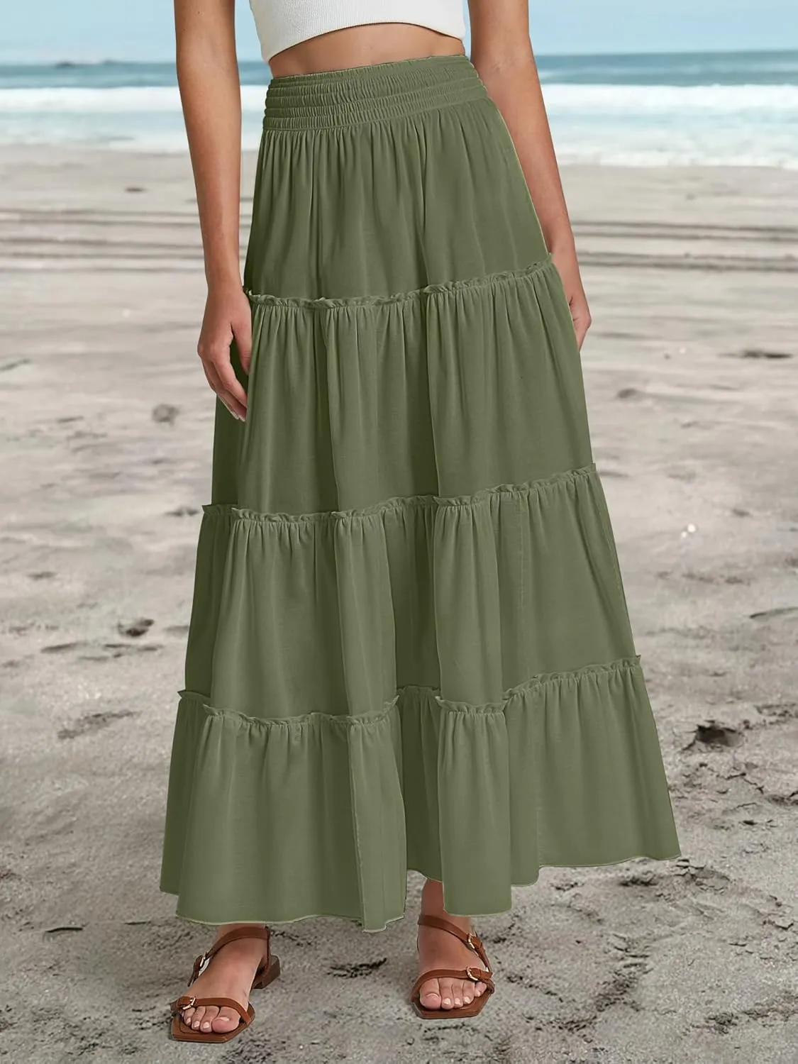 Womens Summer Boho Maxi Skirts Smocked High Wasited Flowy Tiered Ruffle A Line Long Beach Skirt