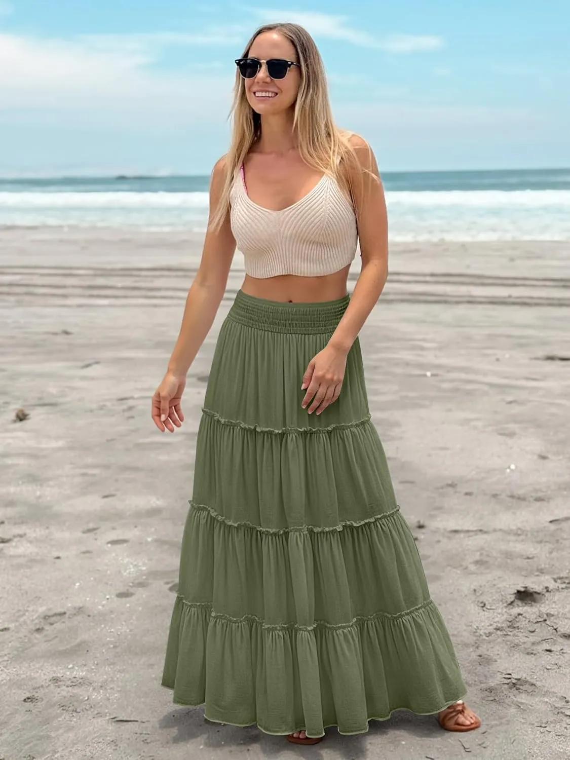 Womens Summer Boho Maxi Skirts Smocked High Wasited Flowy Tiered Ruffle A Line Long Beach Skirt