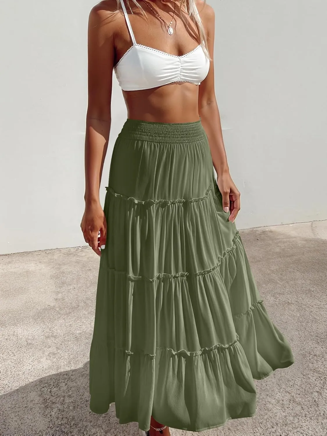 Womens Summer Boho Maxi Skirts Smocked High Wasited Flowy Tiered Ruffle A Line Long Beach Skirt