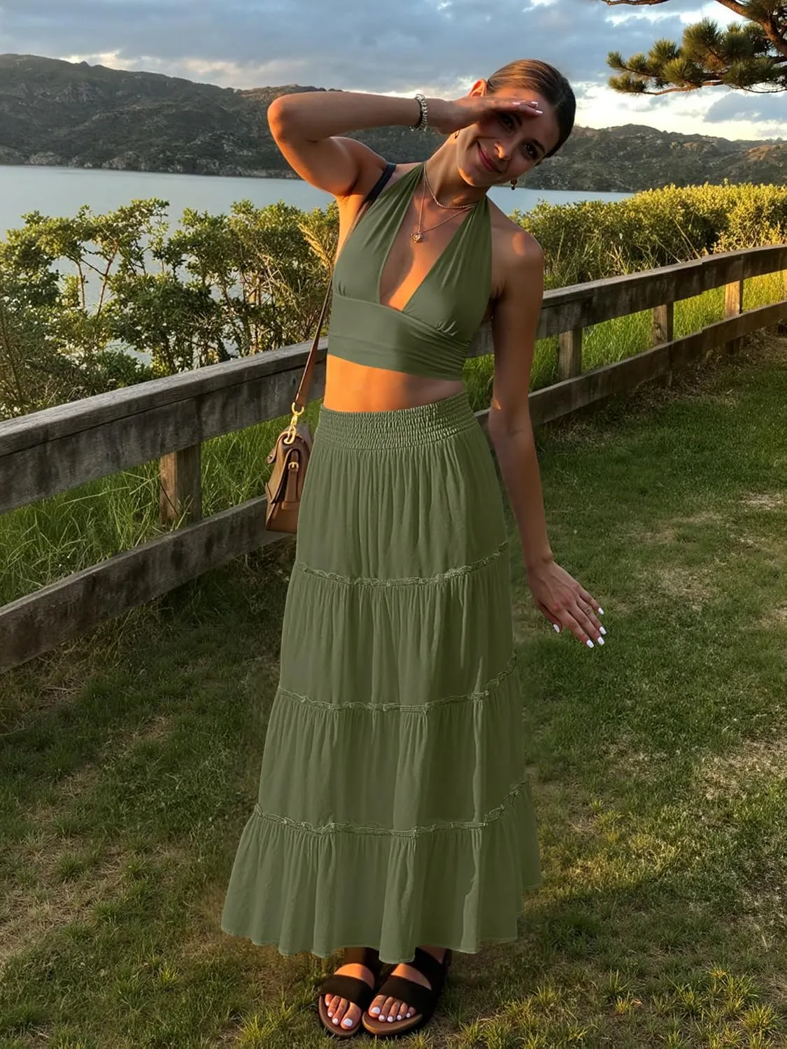 Womens Summer Boho Maxi Skirts Smocked High Wasited Flowy Tiered Ruffle A Line Long Beach Skirt